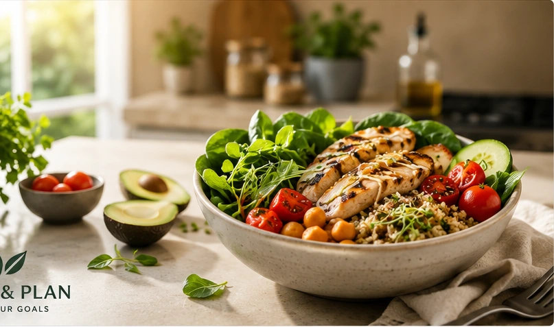 Fresh vegetables, grains and protein foods organized for grocery planning