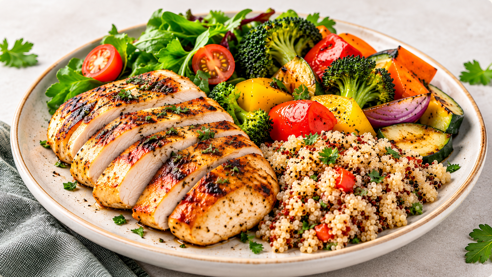 Balanced dinner with protein, grains and vegetables