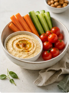 Healthy snack plate with hummus and vegetables
