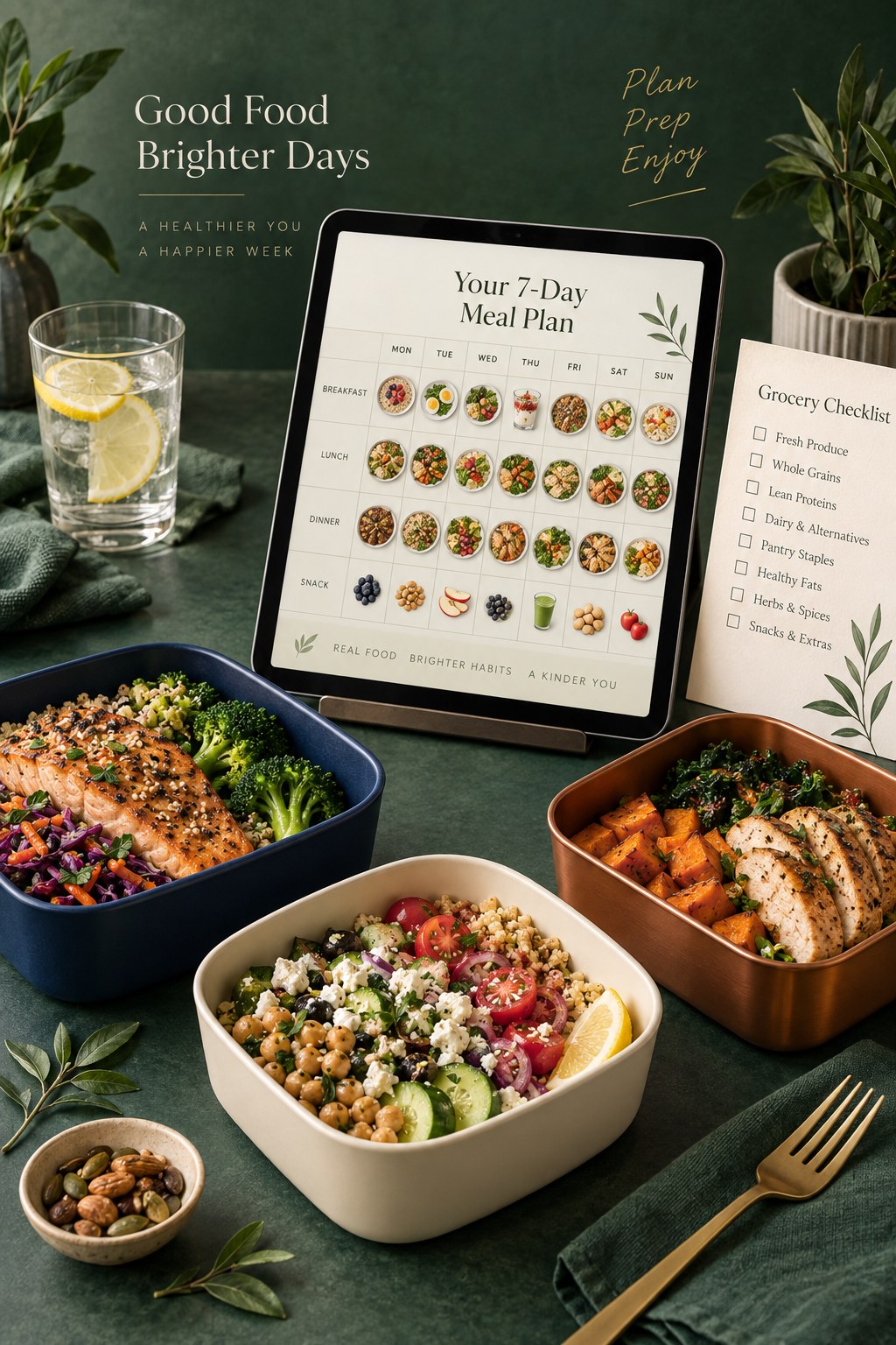 Tablet showing a weekly meal-plan layout beside a grocery checklist and three balanced dishes in navy, cream, and copper containers