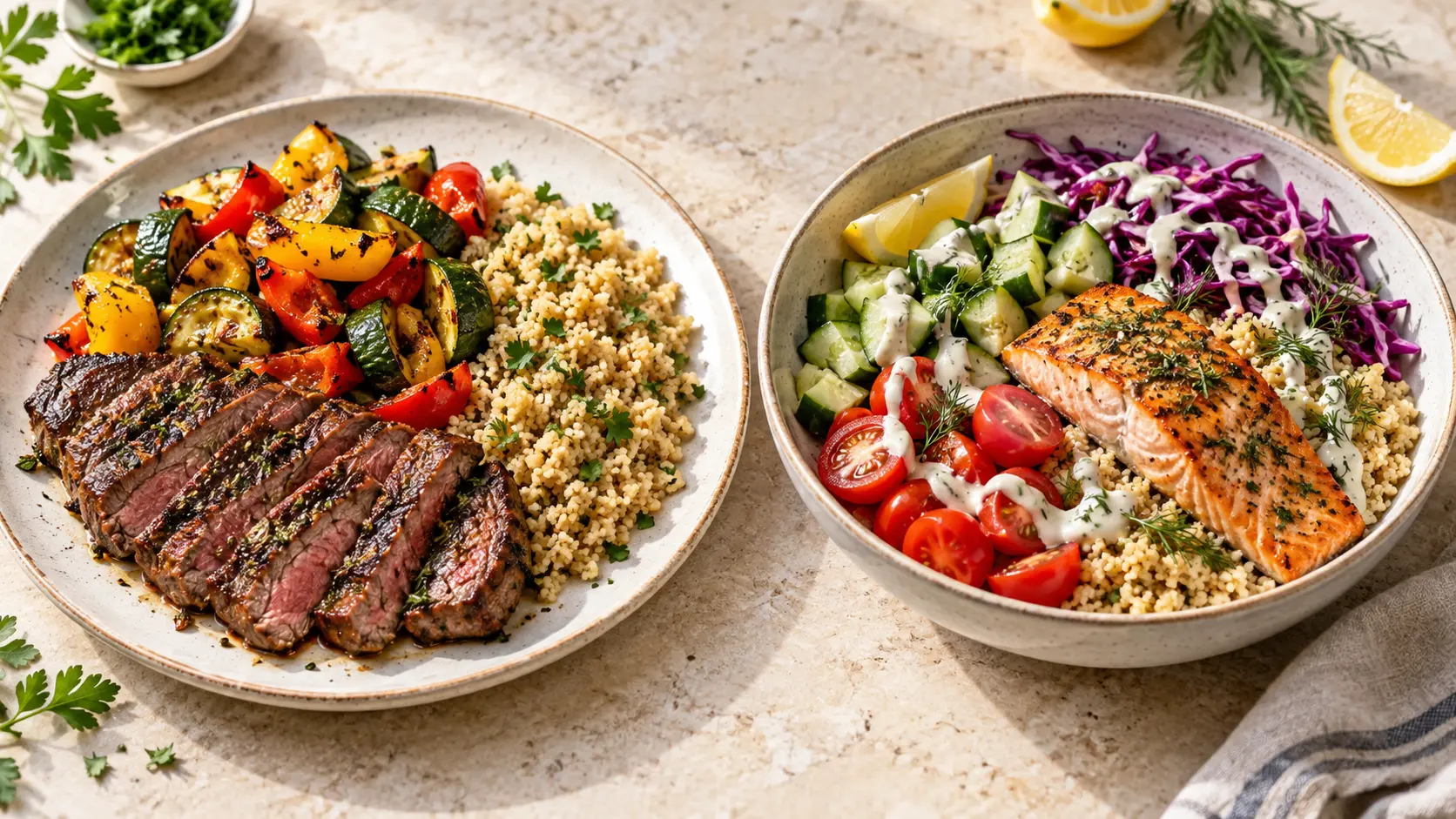 Two connected dinners: herb steak with vegetables and couscous, and a lemon salmon rescue bowl