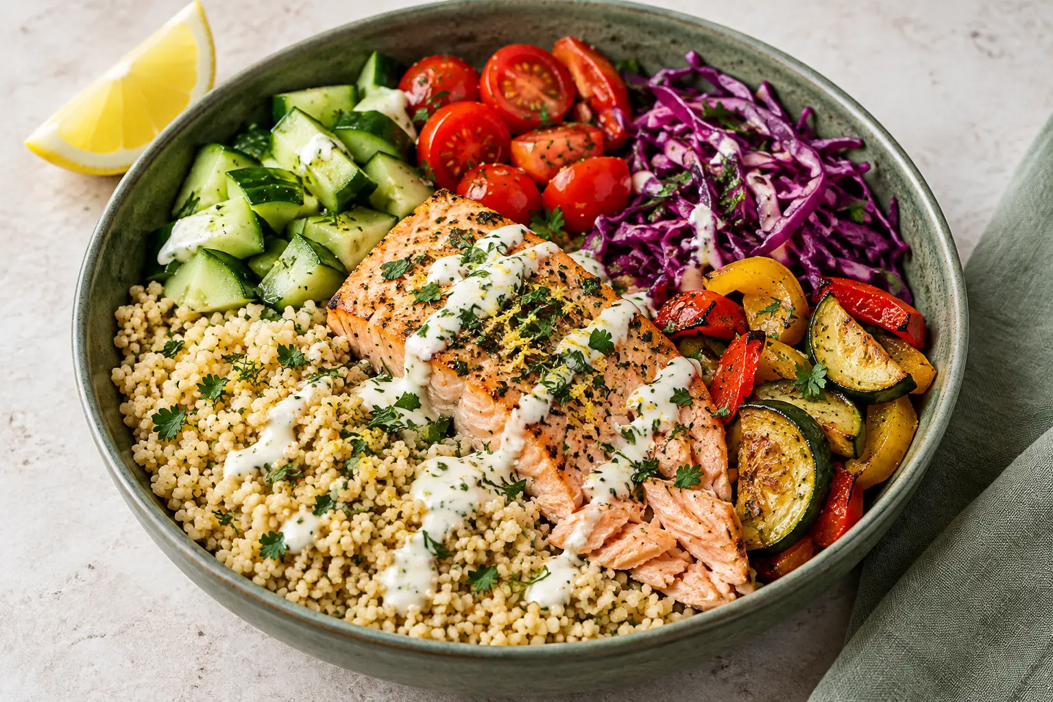 Lemon salmon rescue bowl with couscous, cucumber, tomatoes, red cabbage and roasted vegetables