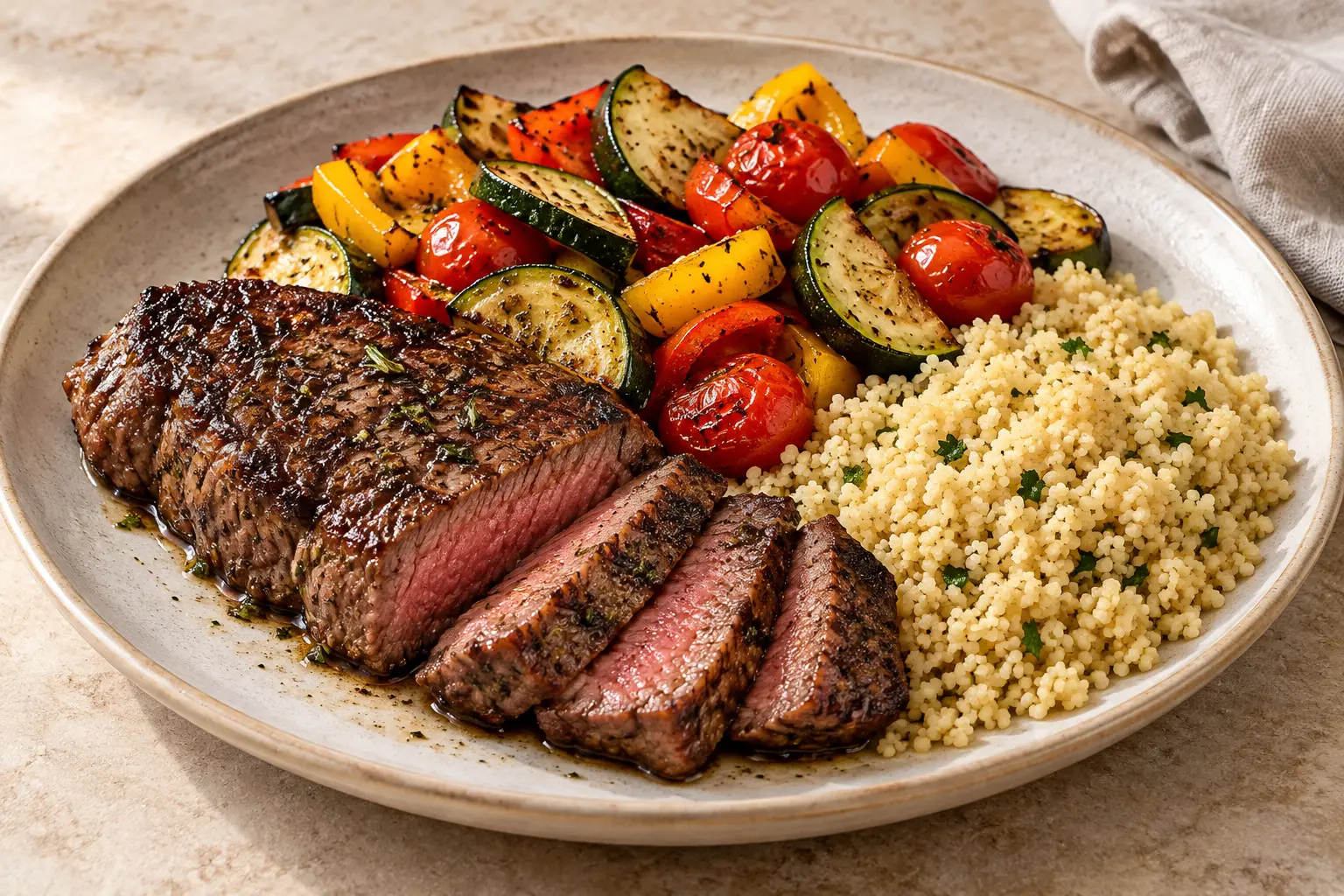 Herb steak with roasted vegetables and couscous